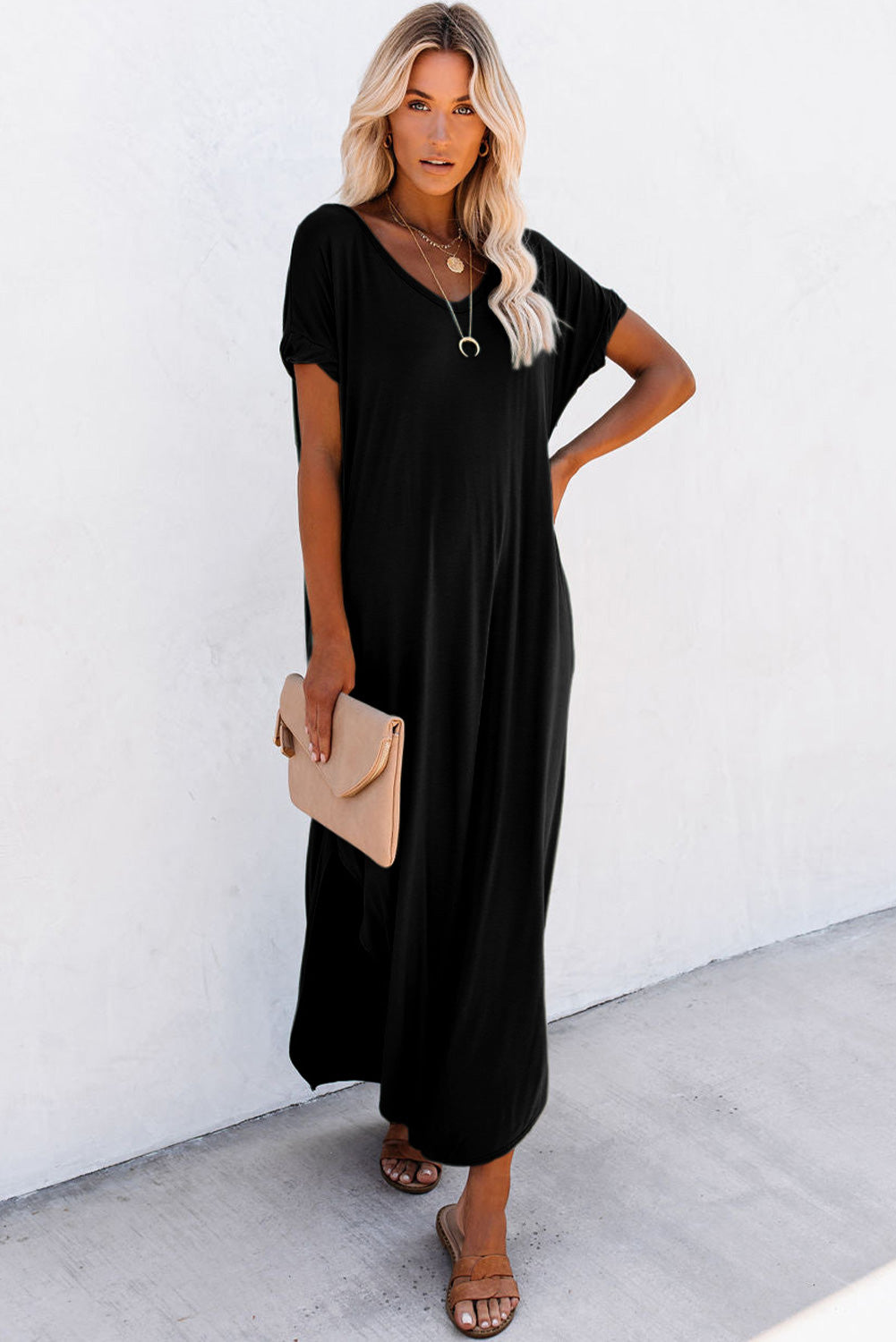 Black V Neck Hidden Pocket Splits Maxi T-shirt Dress T Shirt Dresses JT's Designer Fashion