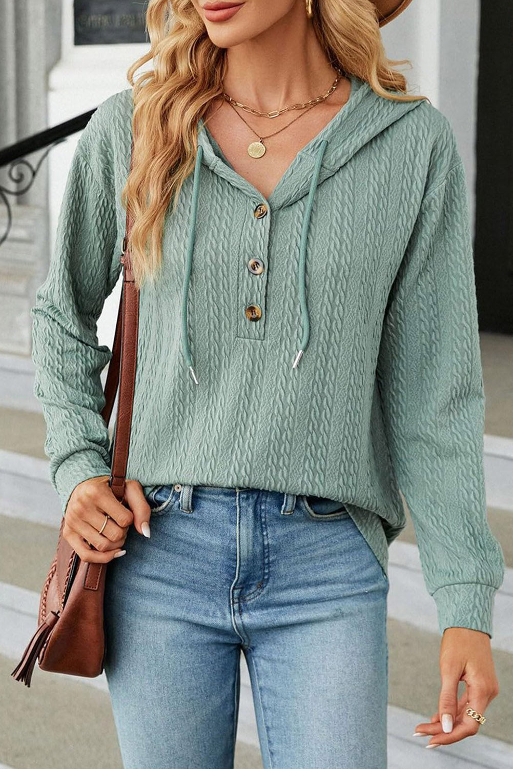 Mint Green Button Front Textured Drawstring Hooded Long Sleeve Top Long Sleeve Tops JT's Designer Fashion