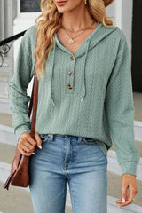 Mint Green Button Front Textured Drawstring Hooded Long Sleeve Top Long Sleeve Tops JT's Designer Fashion
