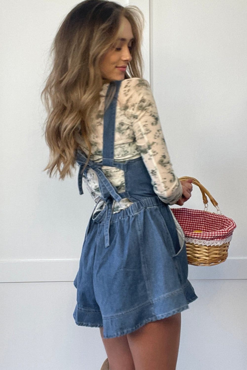 Sky Blue Buckle Straps Bib Style Drawstring Tied Backless Flared Denim Romper Jumpsuits & Rompers JT's Designer Fashion