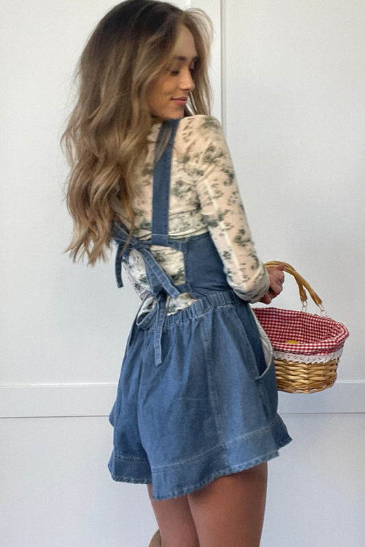 Sky Blue Buckle Straps Bib Style Drawstring Tied Backless Flared Denim Romper Jumpsuits & Rompers JT's Designer Fashion