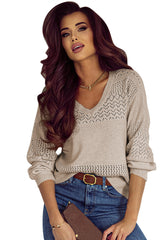 Brown Eyelet Pattern Detail V Neck Drop Shoulder Sweater Sweaters JT's Designer Fashion