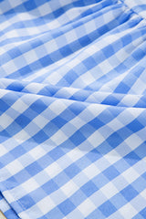 Sky Blue Gingham Short Sleeve Button Tie Split Neck Loose Mini Dress Mini Dresses JT's Designer Fashion