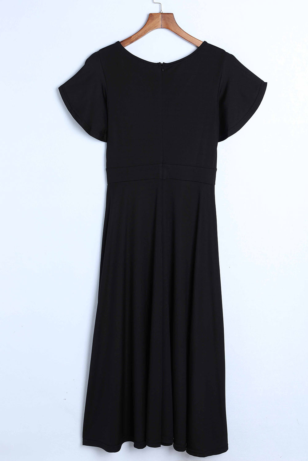 Black Ruffled Sleeve Wrap V Neck Midi Dress Midi Dresses JT's Designer Fashion