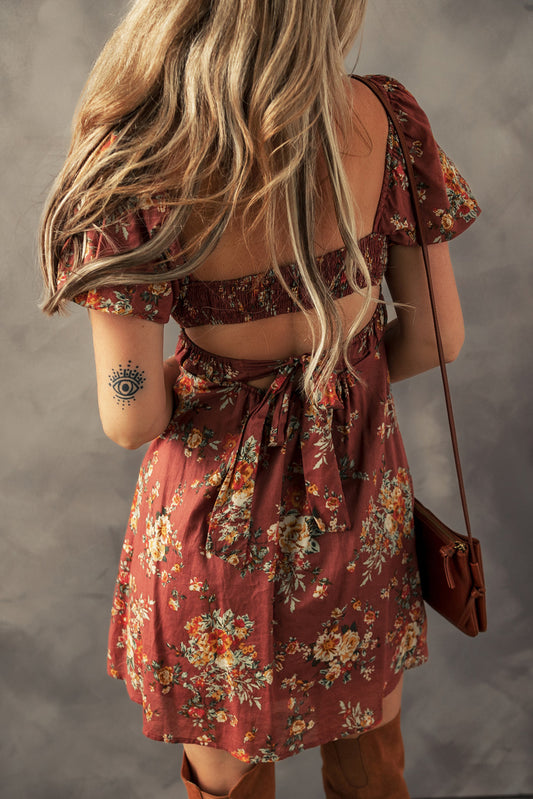 Red Floral Puff Sleeve Square Neck Knot Open Back Mini Dress Mini Dresses JT's Designer Fashion