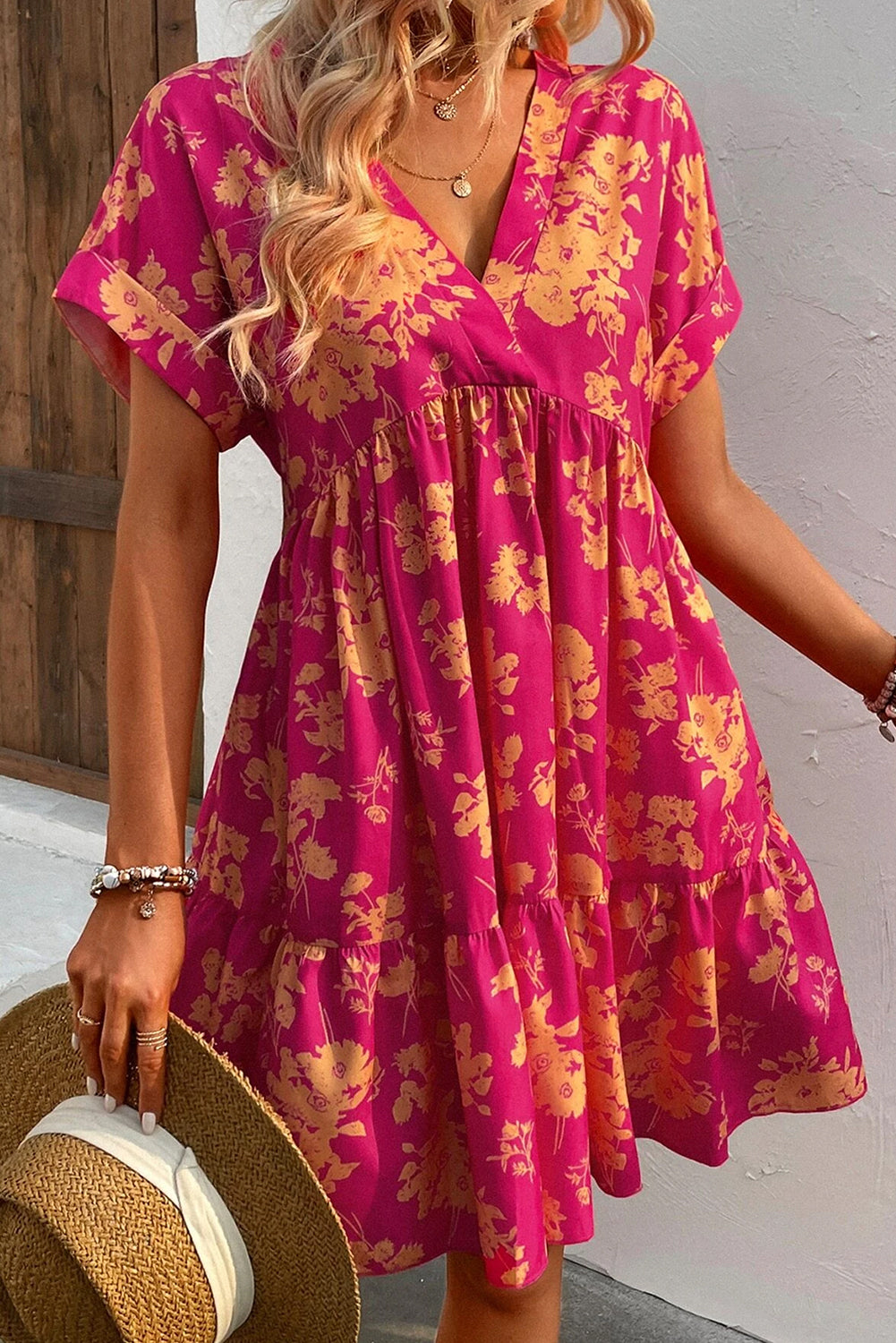 Rose Floral Print Batwing Sleeve Smock Dress Floral Dresses JT's Designer Fashion