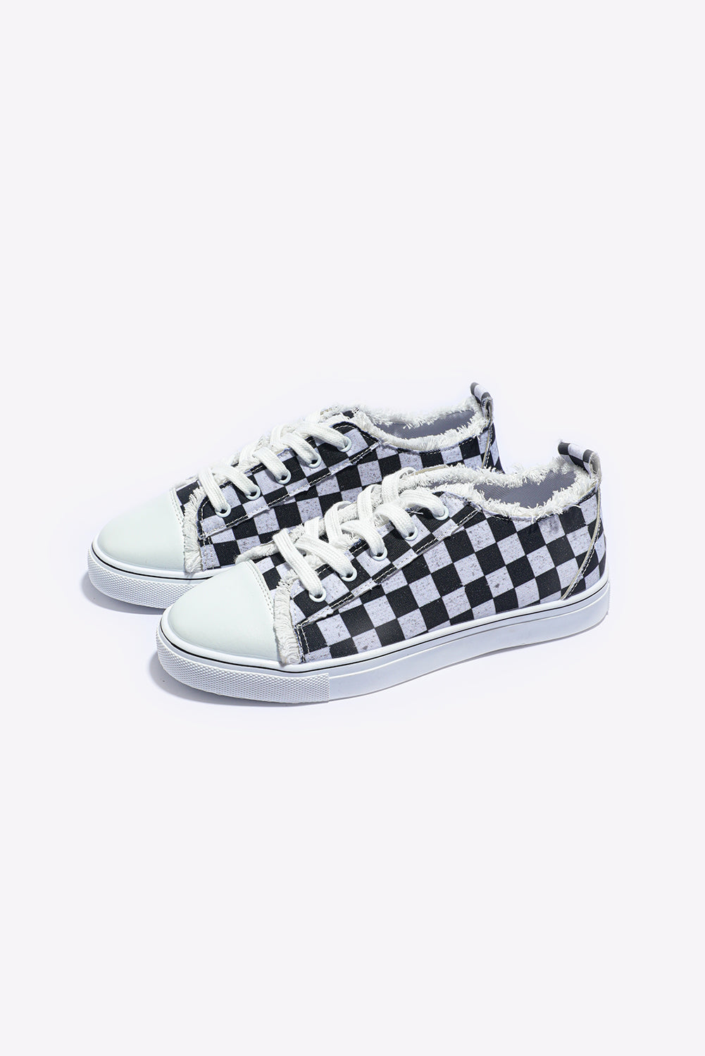 Black Checkered Print Raw Edge Lace-up Canvas Shoes Women's Shoes JT's Designer Fashion