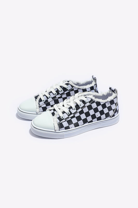 Black Checkered Print Raw Edge Lace-up Canvas Shoes Women's Shoes JT's Designer Fashion