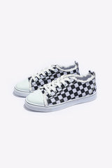 Black Checkered Print Raw Edge Lace-up Canvas Shoes Women's Shoes JT's Designer Fashion