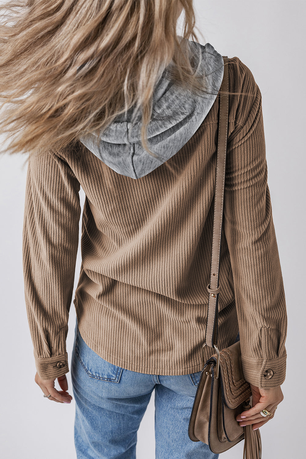 Pale Khaki Hooded Drawstring Pockets Corduroy Shacket Jackets JT's Designer Fashion