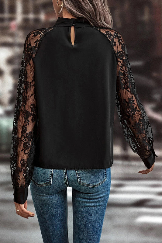 Black Keyhole Neckline Floral Lace Raglan Sleeve Blouse Blouses & Shirts JT's Designer Fashion