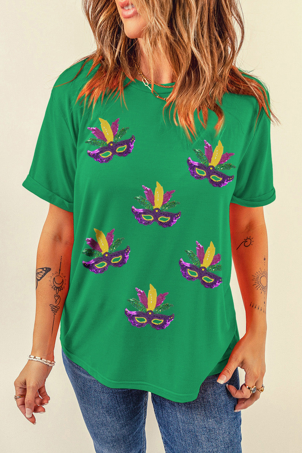 Bright Green Sequin Mardi Gras Mask Patched Pattern Crewneck Tee Graphic Tees JT's Designer Fashion