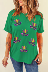 Bright Green Sequin Mardi Gras Mask Patched Pattern Crewneck Tee Graphic Tees JT's Designer Fashion