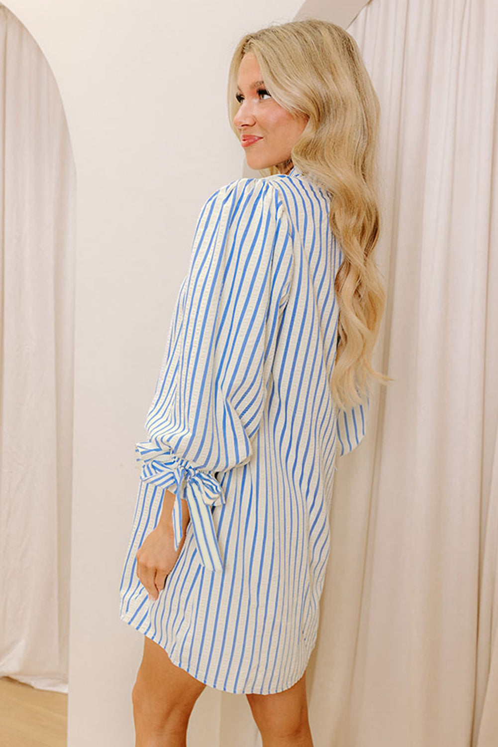 Sky Blue Stripe Knotted Bracelet Sleeve Notched Neck Shift Mini Dress Mini Dresses JT's Designer Fashion