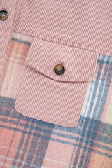 Light Pink Plaid Corduroy Patchwork Chest Pocket Shacket Plaid Shackets JT's Designer Fashion