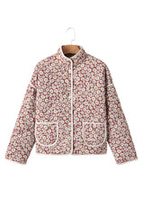 Pink Floral Print Contrast Edge Pocketed Stand Neck Jacket Jackets JT's Designer Fashion
