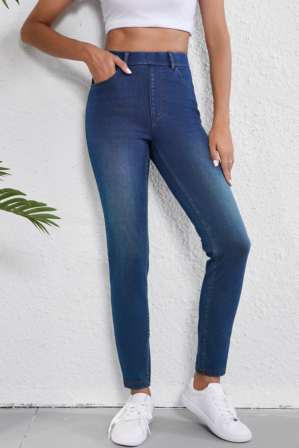 Ashleigh Blue Multiple Pockets Straight Leg Washed Stretchy Knit Casual Jeans Jeans JT's Designer Fashion