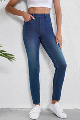 Ashleigh Blue Multiple Pockets Straight Leg Washed Stretchy Knit Casual Jeans Jeans JT's Designer Fashion
