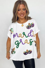 White Mardi Gras Tinsel Sequin Graphic T Shirt Graphic Tees JT's Designer Fashion
