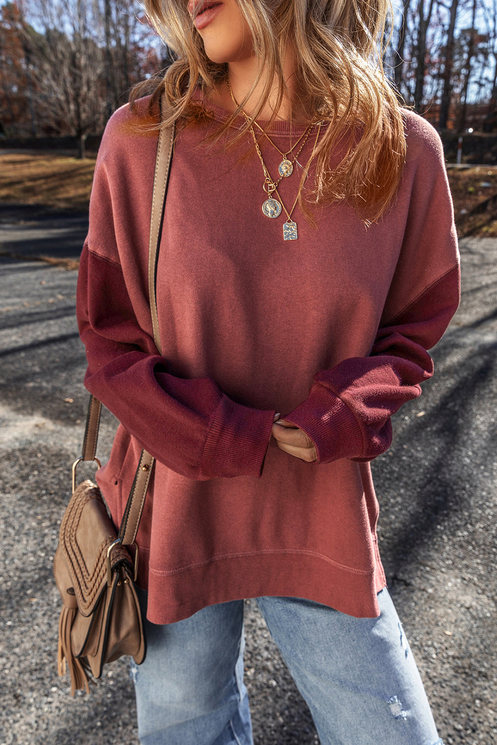 Mineral Red Two Tone Patchwork Drop Shoulder Pullover Sweatshirt Sweatshirts & Hoodies JT's Designer Fashion