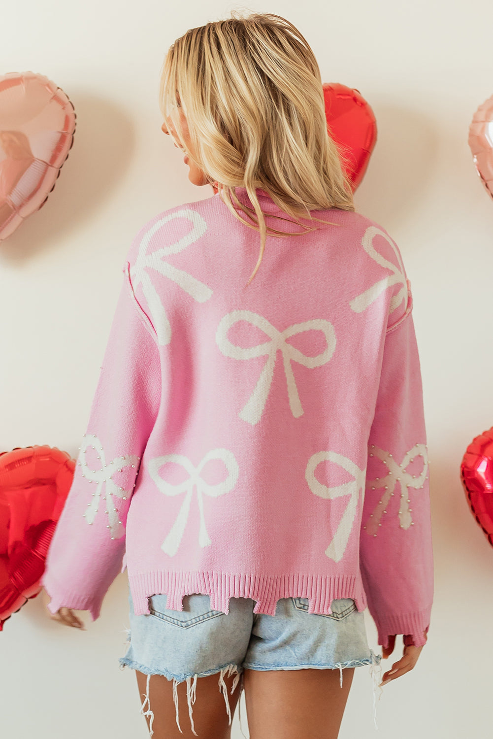 Pink Pearl Beaded Bowknot Pattern Distressed Split Hem Sweater Sweaters JT's Designer Fashion