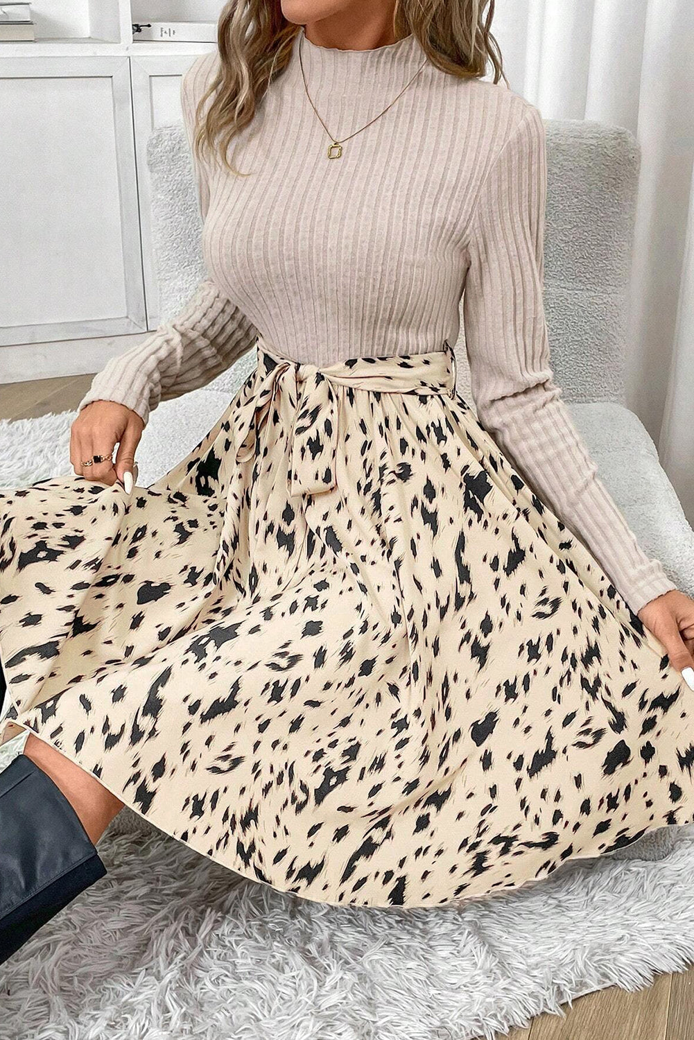 Beige Ribbed Knit Patchwork Printed Belted A-line Dress Mini Dresses JT's Designer Fashion