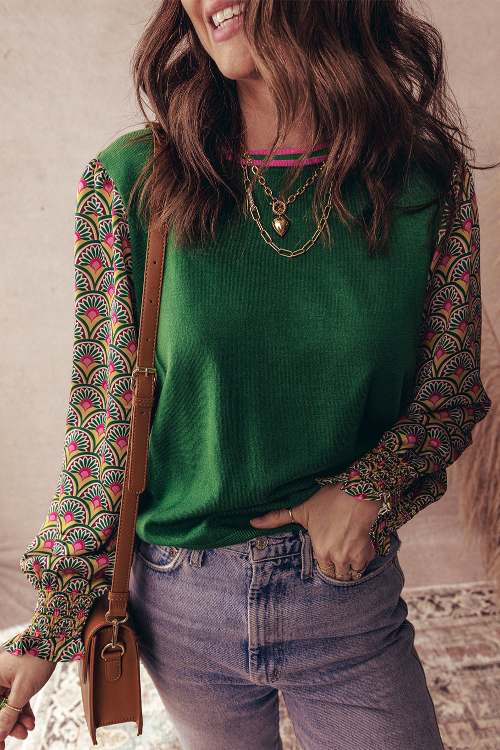 Blackish Green Floral Patchwork Shirred Cuff Puff Sleeve Sweater Blackish Green 52%Viscose+26%Polyester+22%Polyamide Sweaters JT's Designer Fashion