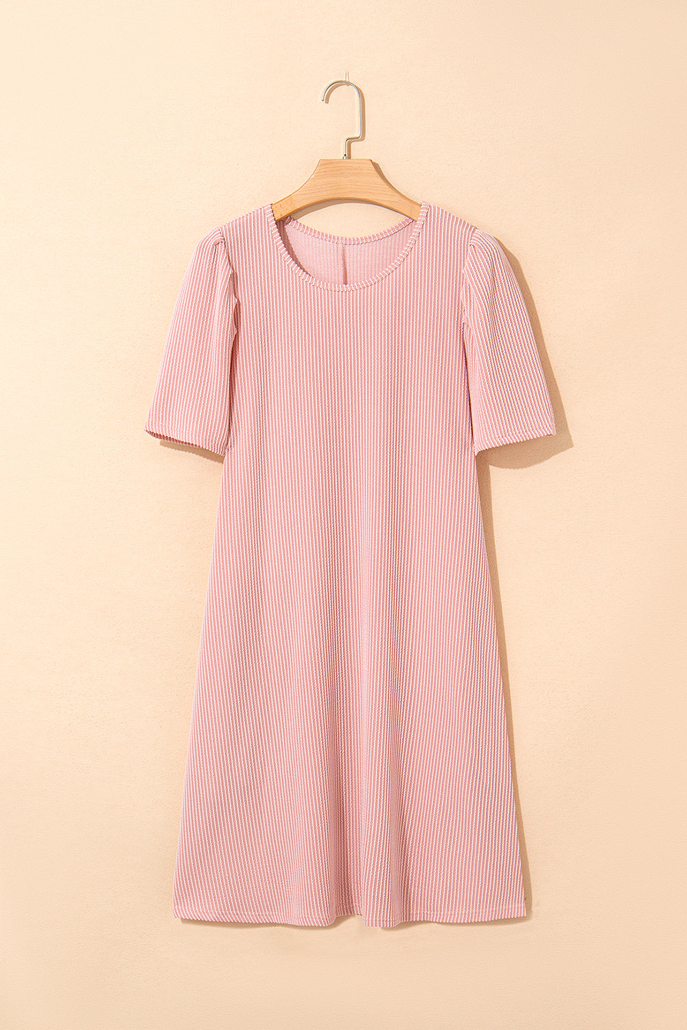 Blossom Corded Knit Crew Neck Puff Sleeve Shift Mini Dress T Shirt Dresses JT's Designer Fashion