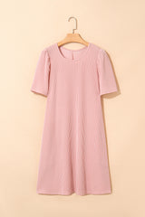Blossom Corded Knit Crew Neck Puff Sleeve Shift Mini Dress T Shirt Dresses JT's Designer Fashion