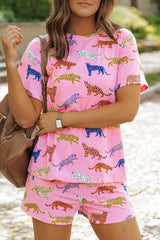 Pink Flower Print Short Sleeve High Waist Two Piece Shorts Set Short Sets JT's Designer Fashion