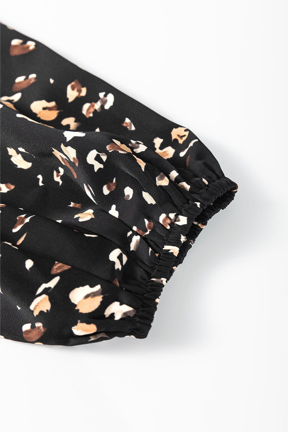 Black Leopard Print Lantern Sleeve Mock Neck Pleated Blouse Blouses & Shirts JT's Designer Fashion