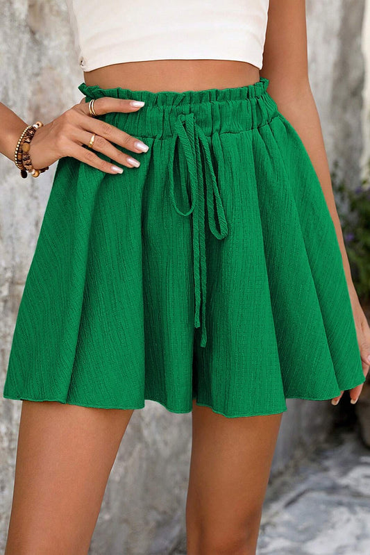 Dark Green Textured Frilled Lace-up High Waist Ruffle Wide Leg Shorts Dark Green 97%Polyester+3%Elastane Casual Shorts JT's Designer Fashion