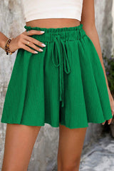 Dark Green Textured Frilled Lace-up High Waist Ruffle Wide Leg Shorts Dark Green 97%Polyester+3%Elastane Casual Shorts JT's Designer Fashion
