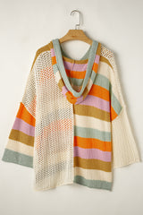 Beige Pointelle Knit Colorblock Patchwork V Neck Hooded Plus Sweater Plus Size Sweaters & Cardigans JT's Designer Fashion