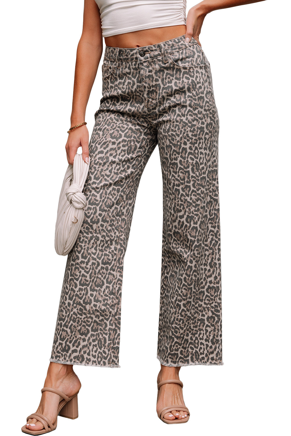 Brown Leopard Frayed Edge Wide Leg High Waist Jeans Jeans JT's Designer Fashion