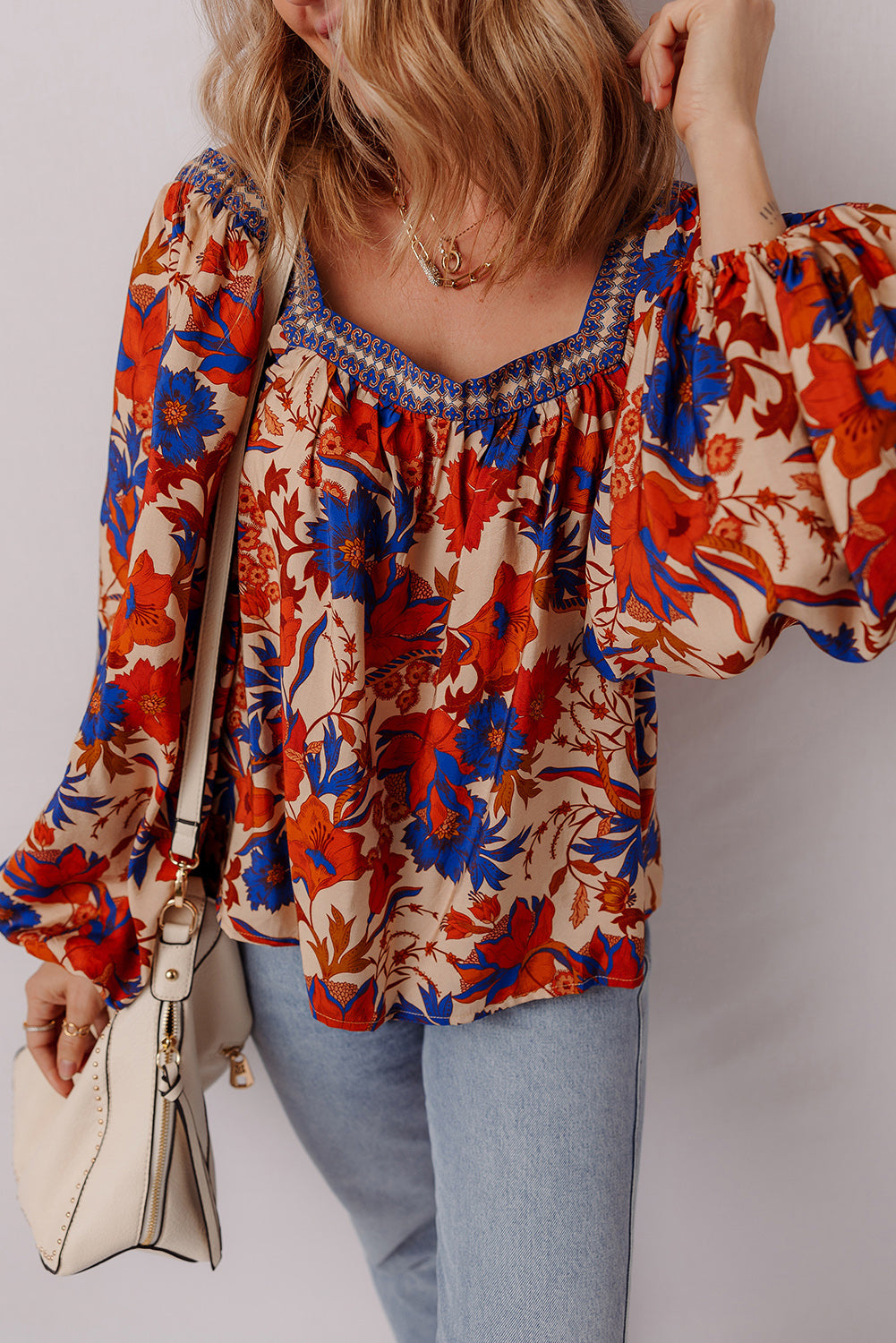 Multicolour Floral Print Square Neck Backless Loose Fit Blouse Blouses & Shirts JT's Designer Fashion