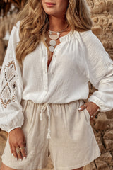White Embroidered Textured Buttoned Crew Neck Shirt White 100%Cotton Blouses & Shirts JT's Designer Fashion