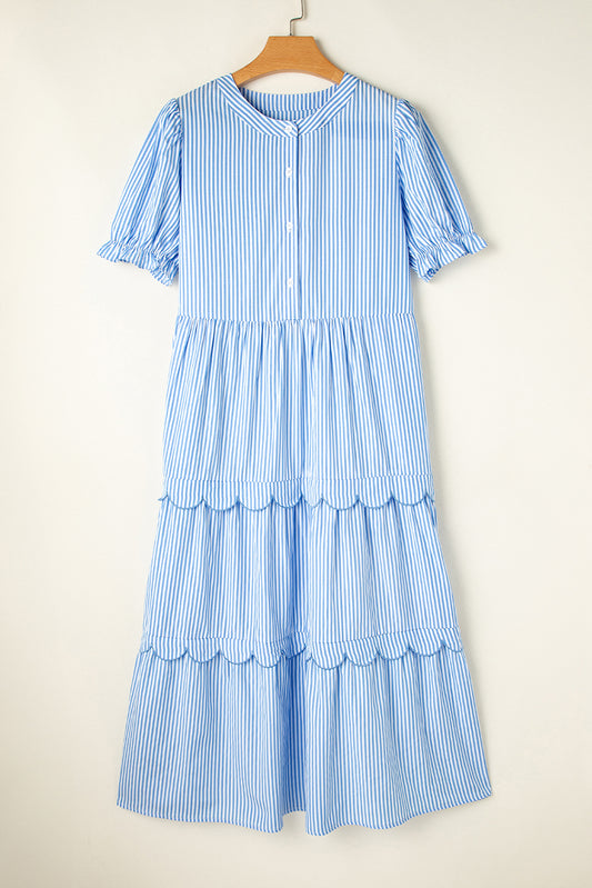 Sky Blue Stripe Bubble Short Sleeve Tiered Scallop Long Dress Maxi Dresses JT's Designer Fashion