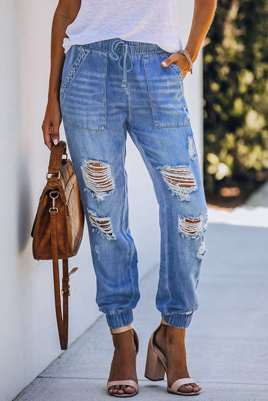 Sky Blue Pocketed Distressed Denim Joggers Sky Blue 71%Cotton+27.5%Polyester+1.5%Spandex Jeans JT's Designer Fashion