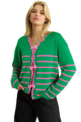 Green Stripe Ribbon Cute Bow Detail Sweater Knit Cardigan Cardigans JT's Designer Fashion