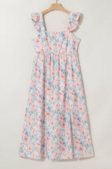 Pink Floral Print Square Neck Backless Long Dress with Slit Maxi Dresses JT's Designer Fashion