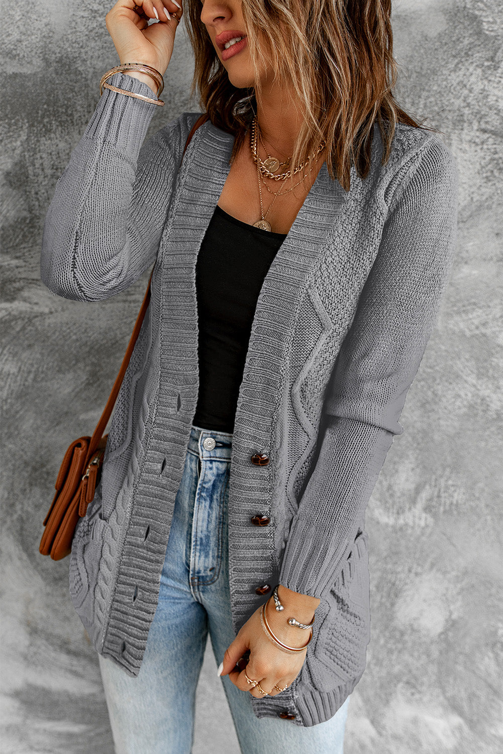 Dark Gray Front Pocket and Buttons Closure Cardigan Sweaters & Cardigans JT's Designer Fashion
