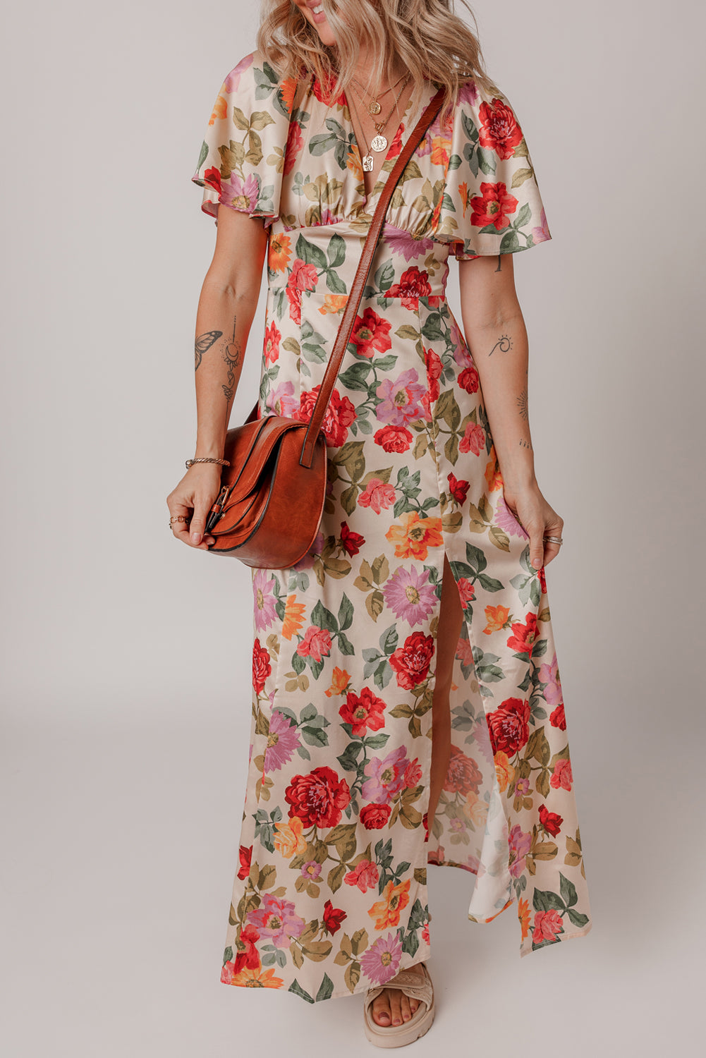 Multicolour Vintage Floral V Neck Short Sleeve Tie Back Long Slit Dress Floral Dresses JT's Designer Fashion
