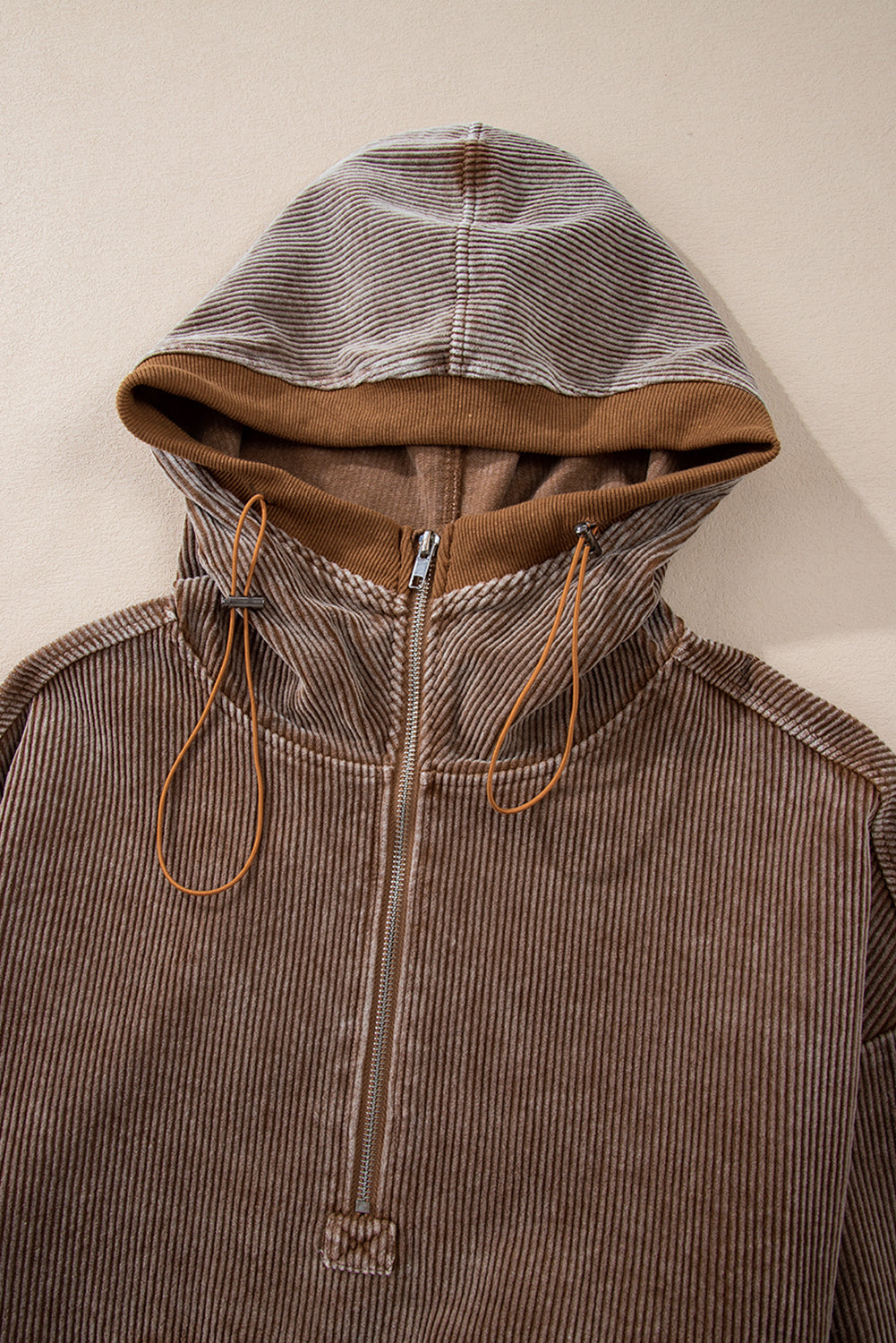 Chestnut Half Zipper Kangaroo Pocket Drawstring Corduroy Hoodie Sweatshirts & Hoodies JT's Designer Fashion