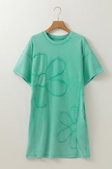 Mint Green Mineral Wash Flower Patchwork Mini T Shirt Dress T Shirt Dresses JT's Designer Fashion