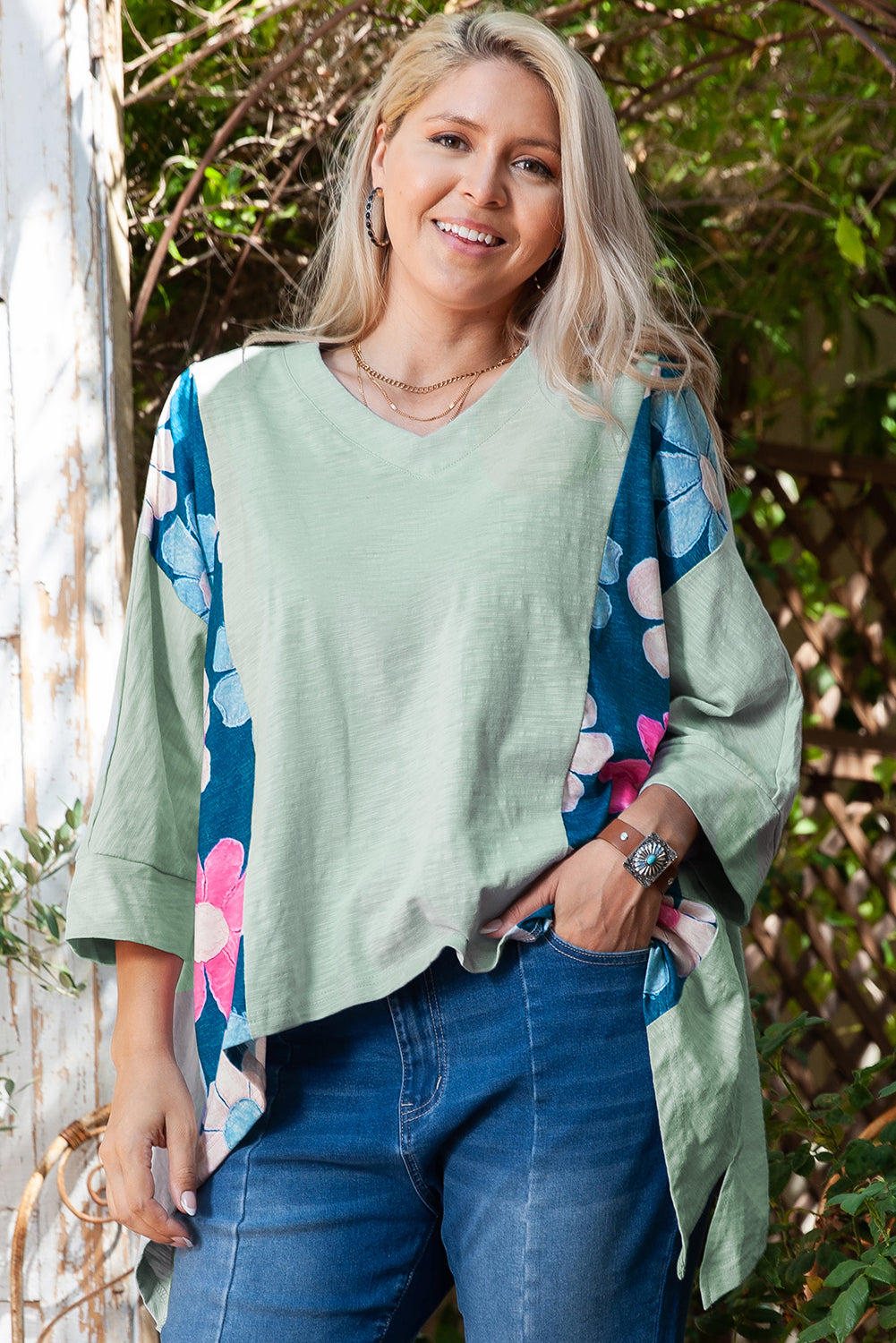 Green Plus Size Flower Patchwork High Low Top Plus Size Long Sleeve Tops JT's Designer Fashion
