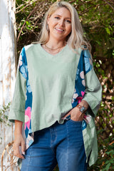 Green Plus Size Flower Patchwork High Low Top Green 100%Cotton Plus Size Long Sleeve Tops JT's Designer Fashion