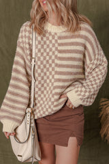 Khaki Stripe Checkerboard Drop Shoulder Balloon Sleeve Sweater Khaki Stripe 65%Acrylic+35%Polyamide Sweaters JT's Designer Fashion