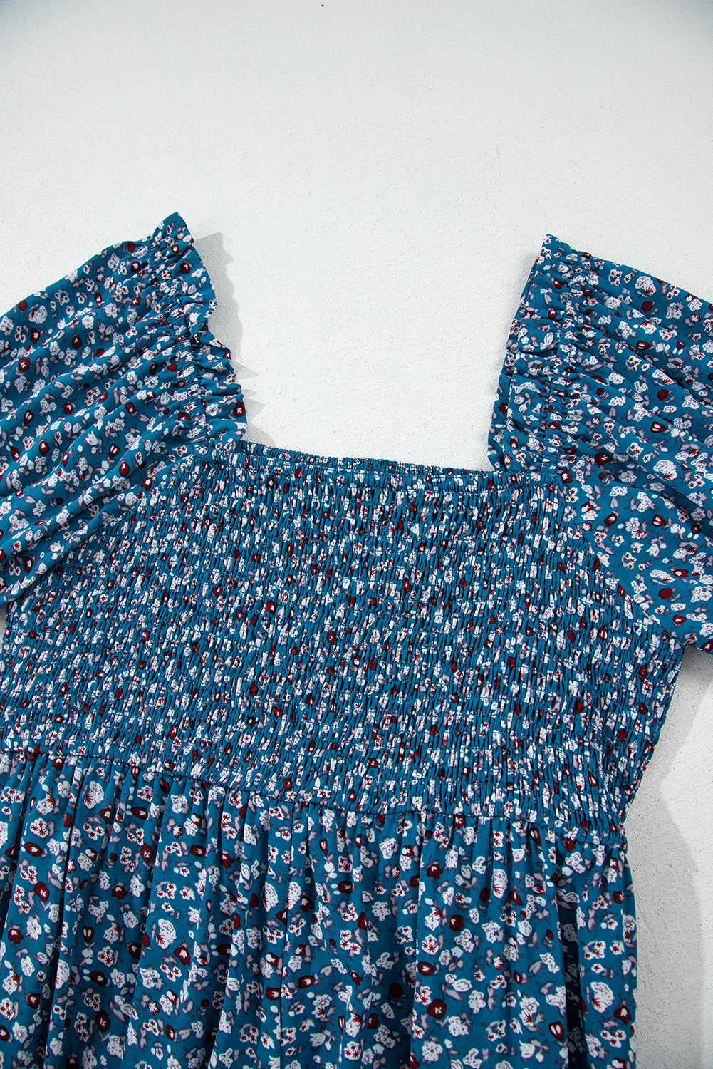 Blue Vintage Boho Floral Smocked Short Puff Sleeve Wide Leg Jumpsuit Jumpsuits & Rompers JT's Designer Fashion