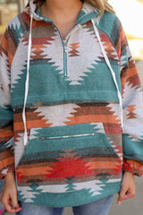 Multicolor Aztec Print Zipped Split Neck Hoodie Sweatshirts & Hoodies JT's Designer Fashion